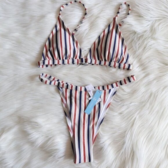 NWT Bikini Set Size Medium White Red Blue Gold Stripe Print Bathing Suit Pool - Picture 2 of 9